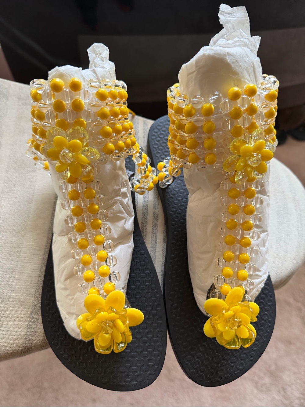 Yellow Beaded Floral T-Strap Women's Sandals